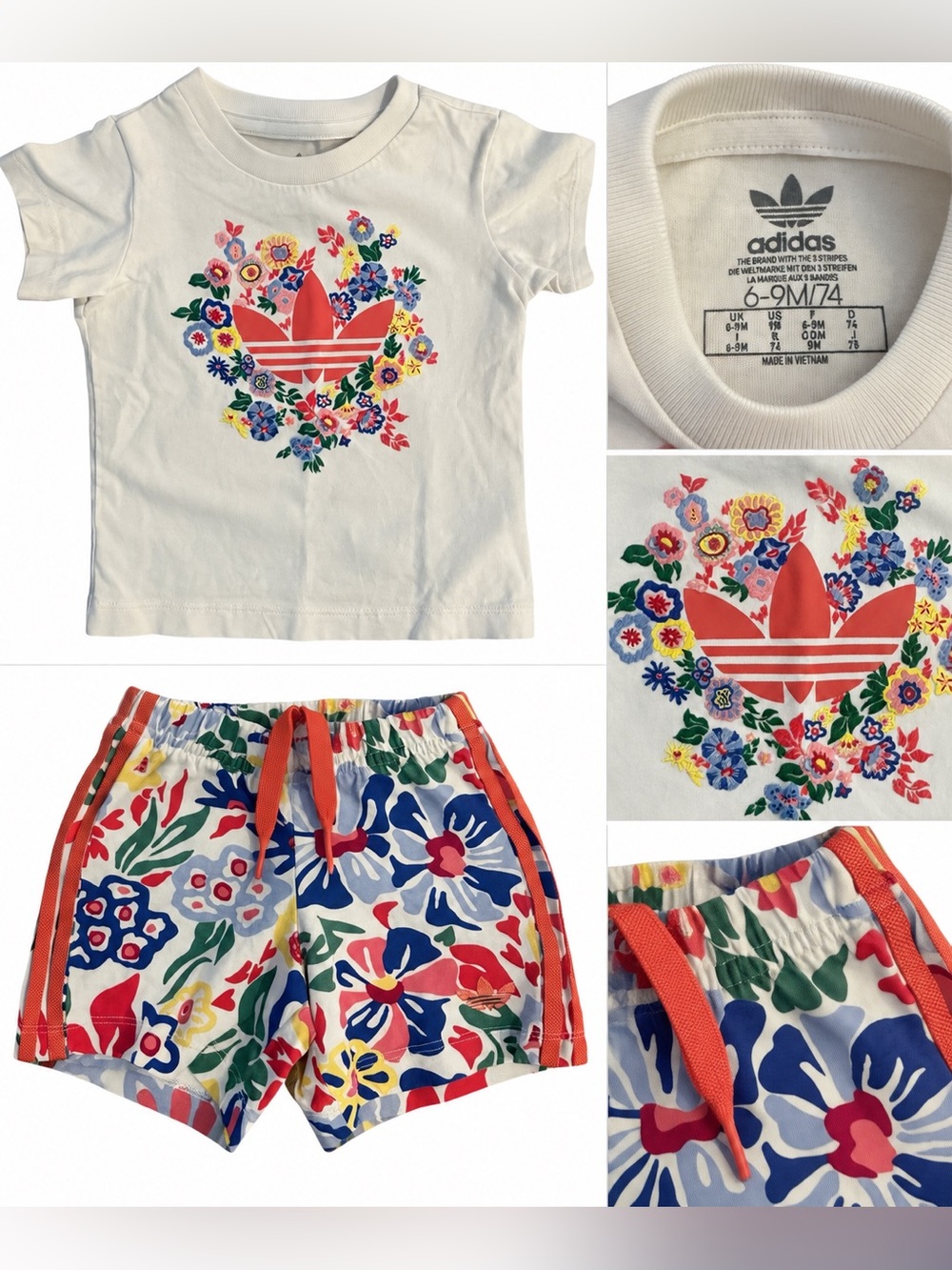 adidas White Tee with Red Floral Trefoil & Multicolor Floral Shorts